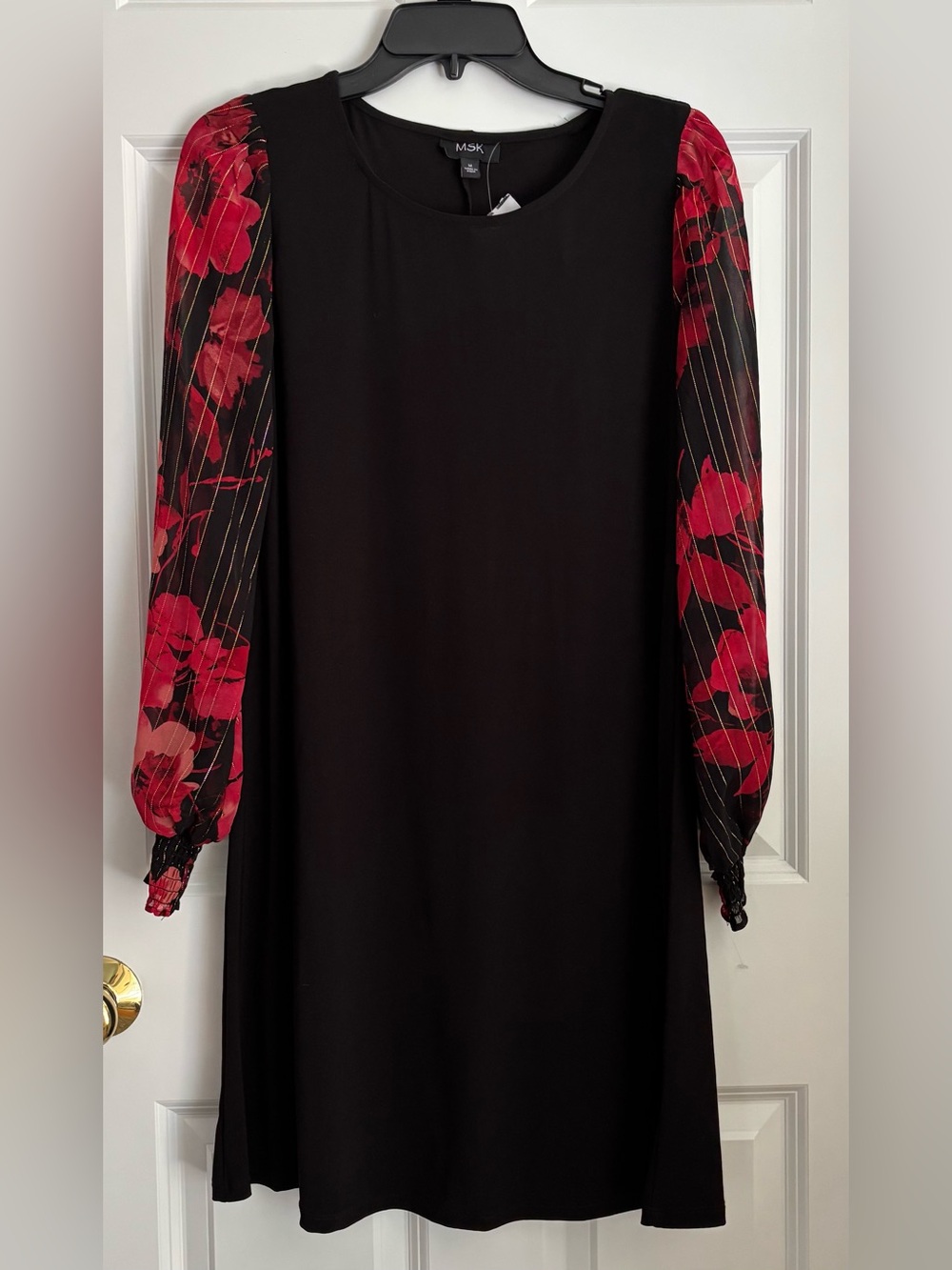 MSK Black Shift Dress with Red Floral Sheer Long Sleeves